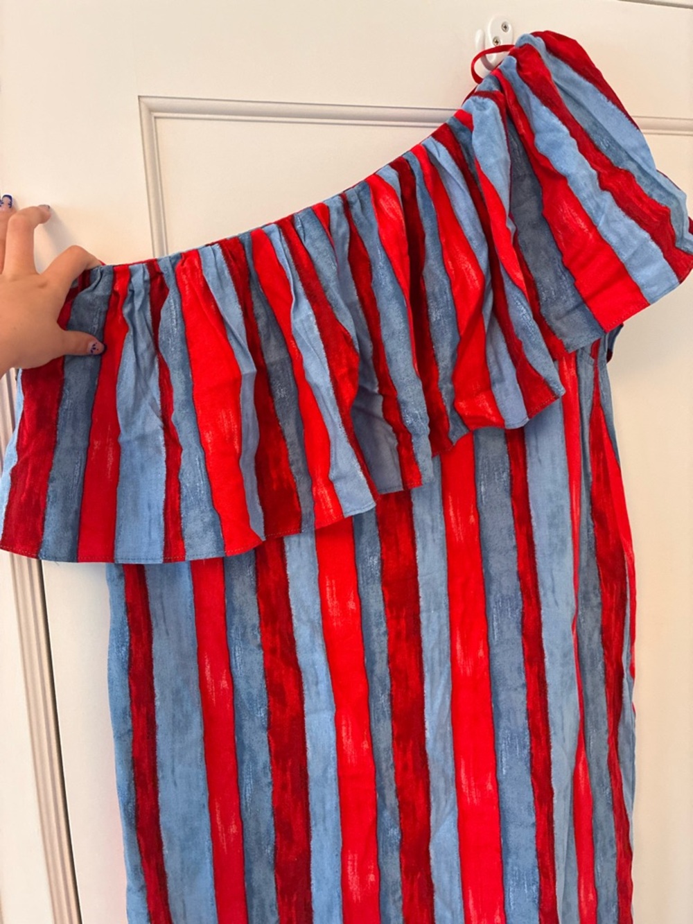 Pomander Place One-Shoulder Ruffle Dress in Red and Light Blue